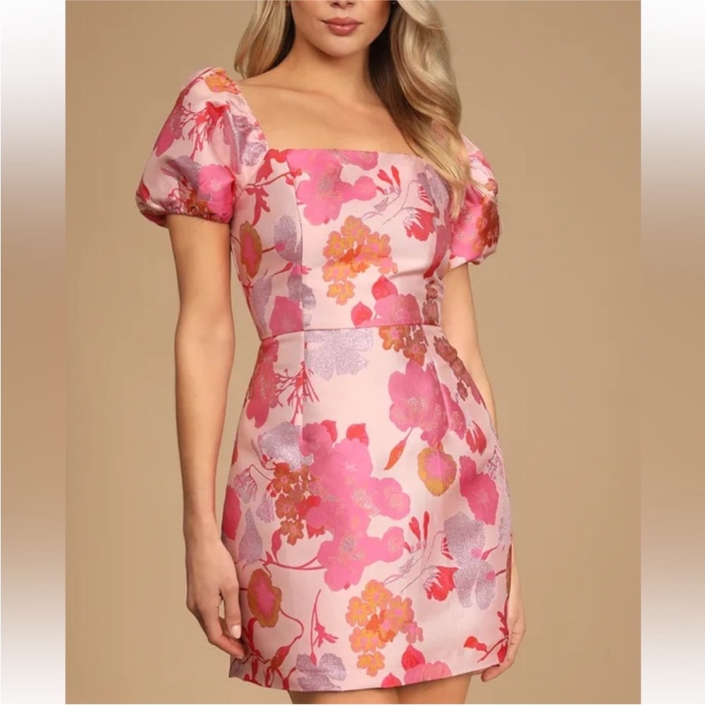 Lulus So Stunning Orange Multi Floral Jacquard Mini Dress Size L Puff Sleeve